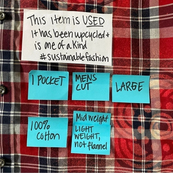 Handmade Boho Flannel Shirt Size Large XL Plaid Embroidered Floral Bleached Red - Picture 11 of 15